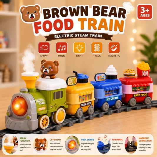 Brown Bear Electric Steam Food Train with Track, Steam Spray, Music & Lights