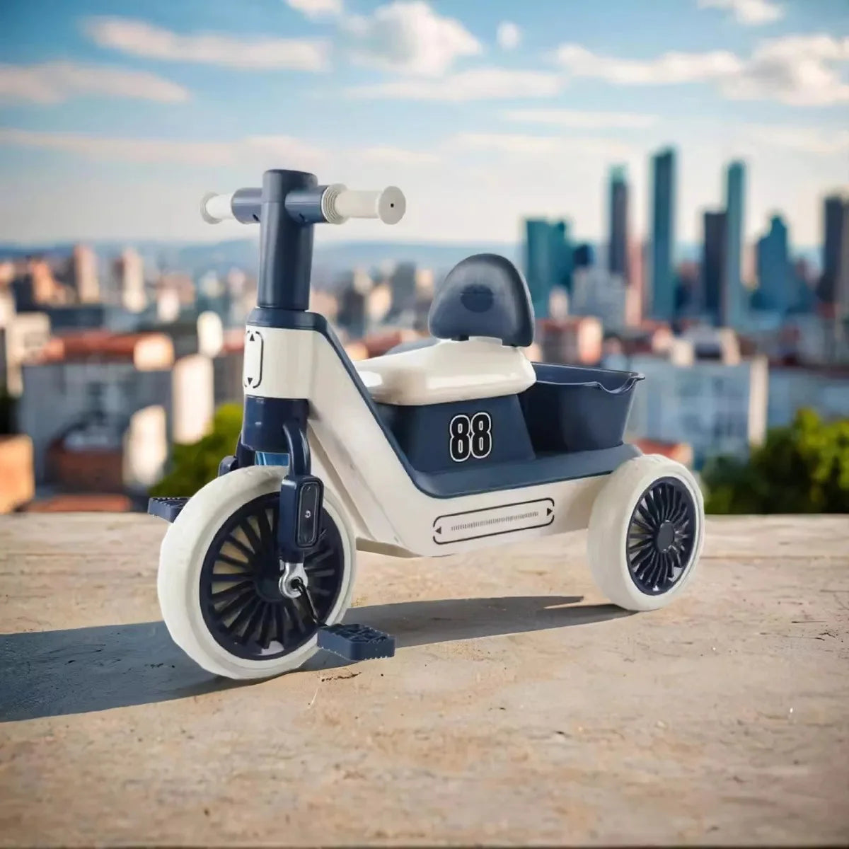 Kids Tricycle Push Bike with Basket, Music & Lights