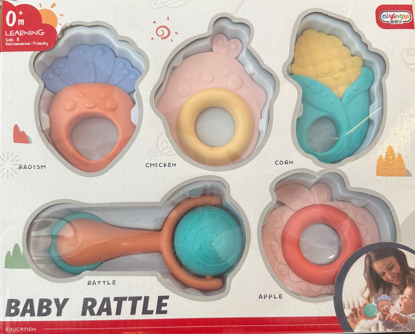 2-in-1 Baby Rattle & Teether Set – 5-Piece Box for Newborns & Infants