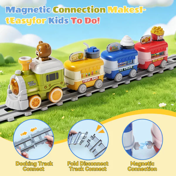 Brown Bear Electric Steam Food Train with Track, Steam Spray, Music & Lights