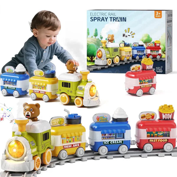 Brown Bear Electric Steam Food Train with Track, Steam Spray, Music & Lights