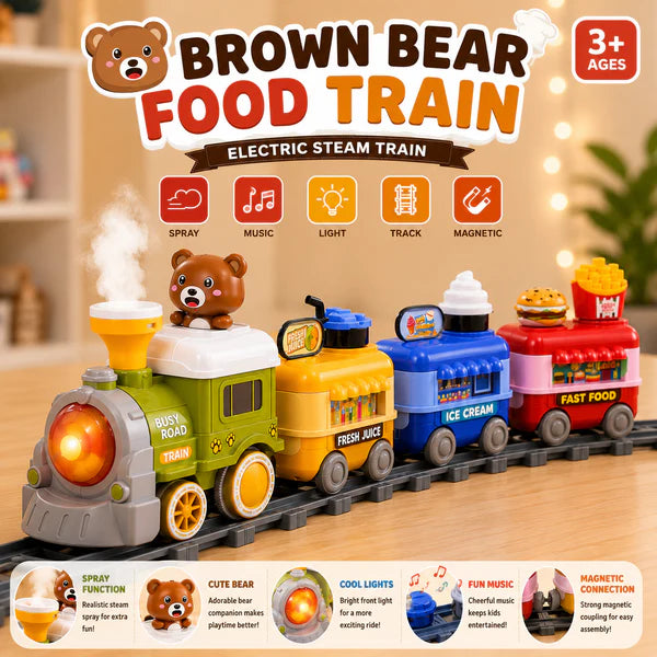Brown Bear Electric Steam Food Train with Track, Steam Spray, Music & Lights