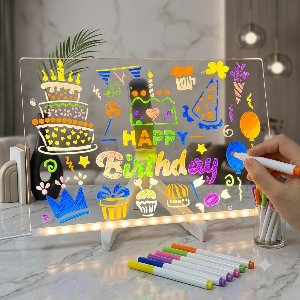 LED Transparent Writing Pad with Stand & 7 Color Markers – Warm Light Glow Board