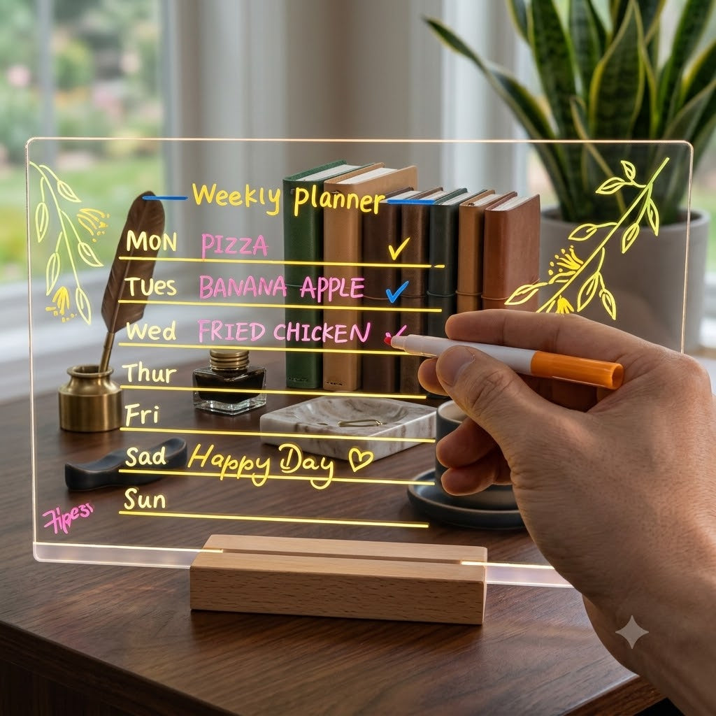 LED Transparent Writing Pad with Stand & 7 Color Markers – Warm Light Glow Board